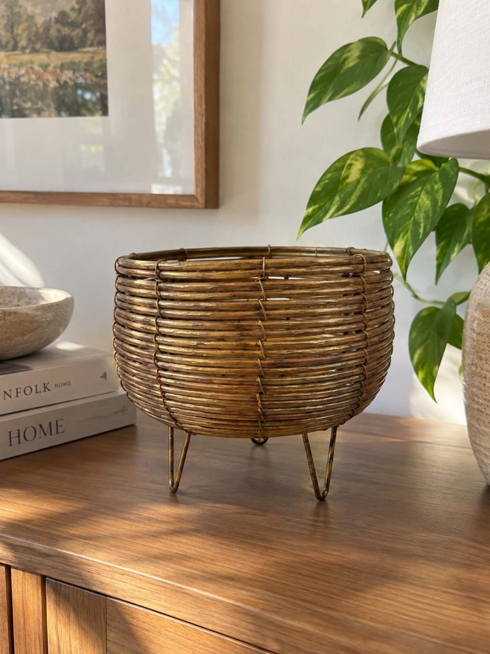 Vintage Gold Wicker Basket Planter Bowl Boho Rattan Woven Home Decor Plant Stand